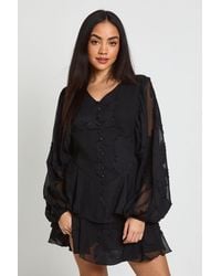 Boohoo - Floral Burnout Volume Sleeve Ruffle Hem Mini Dress - Lyst