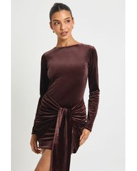 Boohoo - Velvet Tie Waist Long Sleeve Mini Dress - Lyst