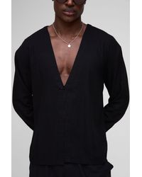 BoohooMAN - Heavyweight Linen Blend Collarless Long Sleeve Regular Fit Shirt - Lyst