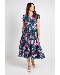 Wallis - Floral Ruffle Neck Pleated Midi Dress - Lyst