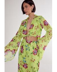 Nasty Gal - Floral Burnout Tie Front Fluted Sleeve Crop Top - Lyst