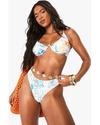 Boohoo - Postcard Print Underwired Bikini Top & High Leg Bottoms Set - Lyst