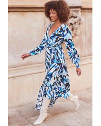 Sosandar - Abstract Print Blouson Sleeve Wrap Jersey Midi Dress - Lyst