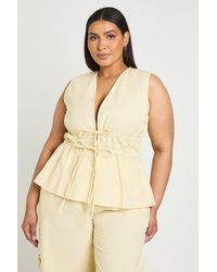Boohoo - Plus Linen Look Shirred Waist Tie Front Detail Top - Lyst