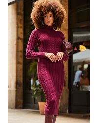 Sosandar - Wine Roll Neck Cable Knit Dress - Lyst