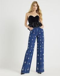 River Island - Straight Leg Jeans Embellished Relaxed Denim Cotton - Lyst