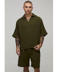 BoohooMAN - Cheesecloth Oversized Half Sleeve V Neck Shirt & Relaxed Short Set - Lyst
