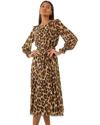 Roman - Animal Print Shirred Midi Dress - Lyst