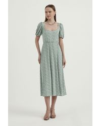 Hiccup - Floral Scoop Neck Balloon Sleeves Midi Dress - Lyst