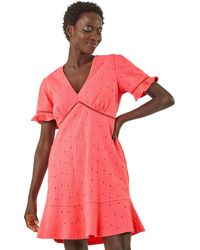 Roman - Embroidered Cotton Stretch Jersey Frill Dress - Lyst