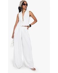 Boohoo - Linen Look Pleat Front Wide Leg Tailored Trousers - Lyst