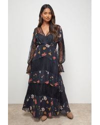 Oasis - Printed Lace Panel Detail V Neck Midaxi Dress - Lyst