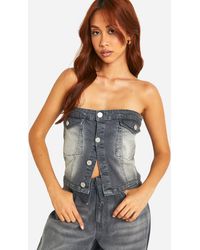 Boohoo - Washed Stretch Denim Button Detail Bandeau Top - Lyst
