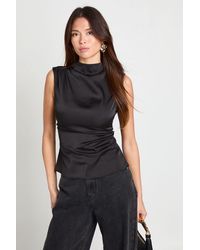 Boohoo - Satin High Neck Ruched Top - Lyst