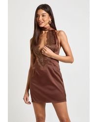Boohoo - Satin & Lace Scarf Detail Mini Dress - Lyst