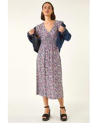 Roman - Abstract Print Shirred Midi Dress - Lyst