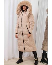 JESS - Long Puffer Coat With Faux Fur Hood & Zip Pockets - Lyst