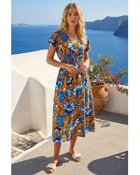 Roman - Floral Print Shirred Midi Dress - Lyst
