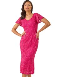 Roman - Sequin Lace Ruffle Midi Dress - Lyst
