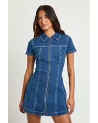 Boohoo - Short Sleeve Zip Front Denim Dress - Lyst