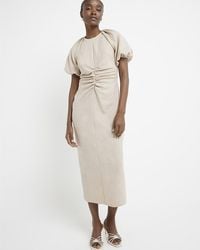 River Island - Ruched Puff Sleeve Shift Midi Dress - Lyst