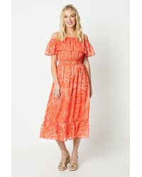 Wallis - Petite Palm Print Chiffon Bardot High Low Hem Midi Dress - Lyst