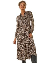 Roman - Animal Print Shirred Midi Dress - Lyst
