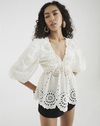 River Island - Blouse Mid Sleeve Broderie V-Neck Cotton - Lyst
