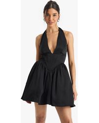 Boohoo - Satin Halterneck Boned Detail Volume Mini Dress - Lyst