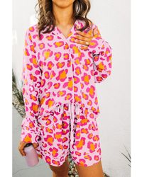 Azura Exchange - Roze Luipaardprint Lange Mouwen Shirt En Shorts Pyjama Set - Lyst