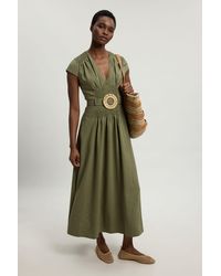 Karen Millen - Shirred V Neck Belt Detail Woven Maxi Dress - Lyst