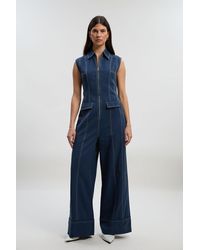 Karen Millen - Tencel Cotton Contrast Stitch Zip Front Woven Jumpsuit - Lyst