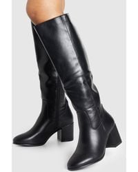 Boohoo - Wide Fit Low Block Basic Pull On Knee High Boots - Lyst