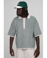 BoohooMAN - Relaxed Textured Stripe Extended Placket Knitted Polo - Lyst
