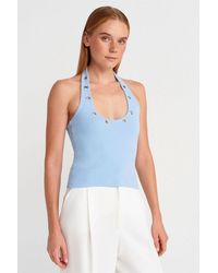 Dilvin - Crop Halterneck Ribbed Blouse With Stone Detail - Lyst