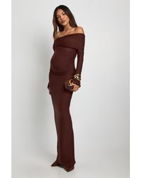 Boohoo - Maternity Bardot Ruched Flare Sleeve Maxi Dress - Lyst
