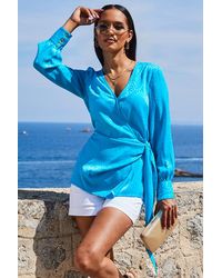 Sosandar - Aqua Satin Jacquard Longline Wrap Top - Lyst