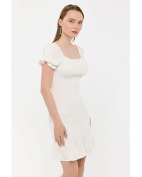 Hiccup - Ribbed Ruffled Square Neck Mini Dress With Balloon Sleeves - Lyst