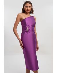 Karen Millen - Satin Twill Trim Detail Structured Asymmetric Neck Tailored Midi Dress - Lyst
