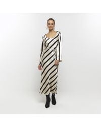 River Island - Slip Midi Dress Satin Stripe Belted Viscose - Lyst