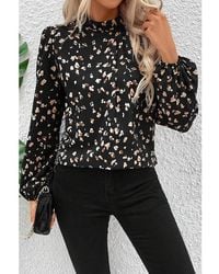 Azura Exchange - Leopard Print Lantern Sleeve Mock Neck Pleated Blouse - Lyst
