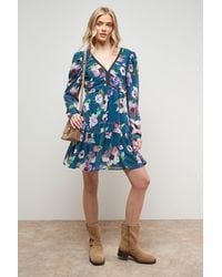 Oasis - Printed Statement Shoulder Ruched Body Mini Dress - Lyst