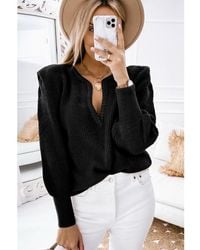 Azura Exchange - Schwarzer Geflochtener Pullover Mit Eingeschnittenem V-Ausschnitt Und Puffärmeln - Lyst