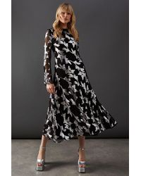 Warehouse - Viscose Metallic Jacquard Asymmetric Seam Midi Dress - Lyst