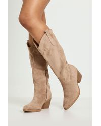 Boohoo - Faux Suede Tab Detail Knee High Western Boots - Lyst