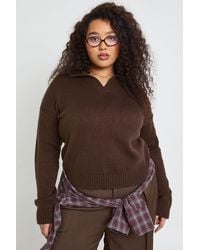 Boohoo - Plus Collared V Neck Knit Top - Lyst