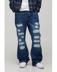 BoohooMAN - Straight Flared Stacked Stitch Ripped Detail Jeans - Lyst