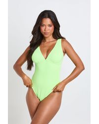 Boohoo - Textured Plunge Neck Swimsuit - Lyst