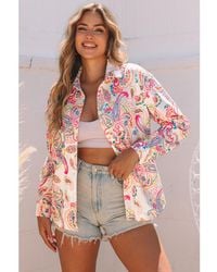 Azura Exchange - Dames Paisley Patroon Print Corduroy Shacket In Wit - Lyst