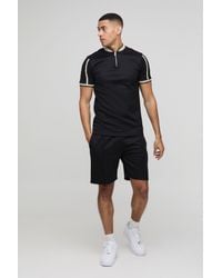 BoohooMAN - Slim Fit Pique Interlock Bomber Neck Polo Shirt Smart Short Set - Lyst